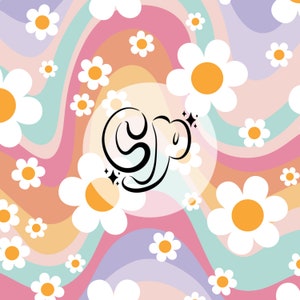May include: A colorful abstract background with a swirl pattern in shades of pink, orange, yellow, green, and purple. The background is decorated with white daisies with yellow centers. The word "SO" is written in black cursive in the center of the image.