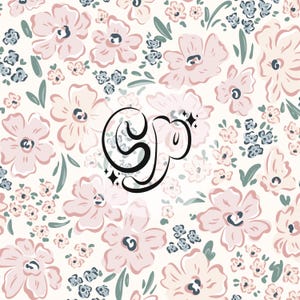 Pode incluir: Um fundo branco com um padrão repetitivo de flores rosa e azuis. O centro da imagem apresenta uma letra "S" estilizada em preto com um efeito de brilho.