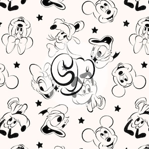Könnte beinhalten: Schwarzweiß-Cartoon-Illustration mit Mickey Mouse, Minnie Mouse, Donald Duck, Goofy und Pluto. Die Figuren sind von Sternen umgeben.
