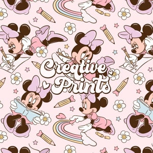 May include: A repeating pattern featuring Minnie Mouse in various poses, drawing and reading, on a light pink background. The design includes pencils, rainbows, flowers, and stars. The text "Creative Prints" is prominently displayed in a retro font.