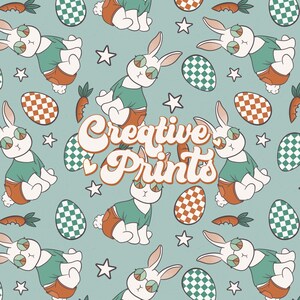 May include: A seamless pattern featuring a cartoon bunny wearing sunglasses and a green shirt with orange shorts. The bunny is surrounded by checkered eggs, carrots, and stars. The text "Creative Prints" is written in a retro font.
