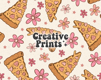 Może przedstawiać: Wzór bez szwów z różowymi kwiatami i kawałkami pizzy z sercem w kształcie pepperoni. Tekst "Creative Prints" znajduje się w środku wzoru.