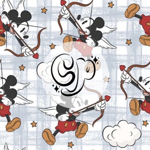 以下が含まれることがあります： 青と白の格子柄の背景に、翼と矢を持った漫画のキャラクターが描かれたシームレスパターン。キャラクターはハート型の矢を手に持ち、いたずらっぽい表情をしています。