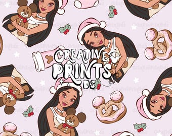 Princesa nativa navideña PNG sin costuras, patrón de pretzel de ratón de cuento de hadas para sublimación, tela de oso de jengibre navideño descarga digital PNG