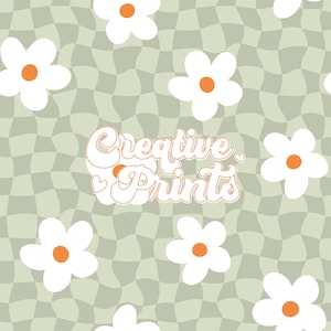 Boho Sage Green Wavy Checkerboard daisy seamless pattern, Retro floral seamless file for fabric sublimations