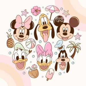 May include: A colorful illustration featuring Mickey Mouse, Minnie Mouse, Donald Duck, Daisy Duck, and Goofy. The characters are surrounded by summer-themed icons like a beach ball, palm tree, pineapple, and an ice cream cone. The illustration is perfect for a summer-themed project.