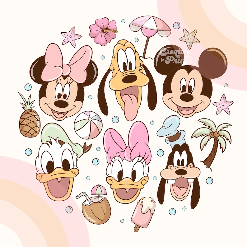 May include: A colorful illustration featuring Mickey Mouse, Minnie Mouse, Donald Duck, Daisy Duck, and Goofy. The characters are surrounded by summer-themed icons like a beach ball, palm tree, pineapple, and an ice cream cone. The illustration is perfect for a summer-themed project.