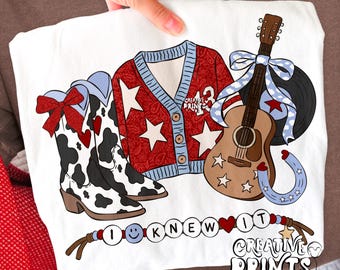 Red Cardigan Cowgirl Boots Sublimation Design Png - Music Star Acoustic Guitar Friendship Bracelet T-Shirt Graphic Digital Download