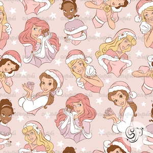 May include: A seamless pattern featuring various Disney princesses wearing pink Santa hats and holding gifts on a pink background with white stars.