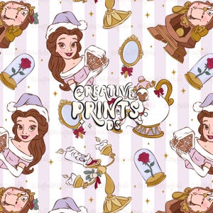 Enchanted Princess Christmas Seamless Pattern PNG, Fairytale Rose Teapot Candelabra Fabric Design, Lavender Stripe Textile Tile 300 DPI