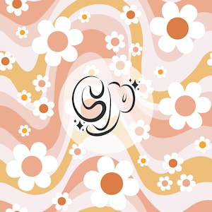 May include: A retro-style floral pattern with white daisies and orange centers scattered across a wavy background of peach, cream, and gold. The design includes the stylized initials "SJP" in black script with sparkling accents.
