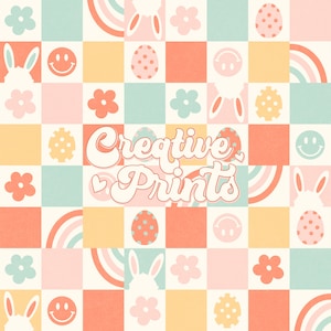 May include: A pastel checkered pattern with bunny rabbits, rainbows, eggs, and flowers. The text "Creative Prints" is in the center of the image.
