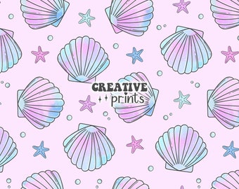 Summer Seamless Pattern, Mermaid Pattern for Fabric Sublimation, Shells Fabric design, Commercial use