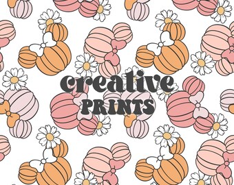 May include: A seamless pattern featuring pink and orange cartoon mouse ears with bows, surrounded by white daisies on a white background. The text "Creative Prints" is centred in the design.