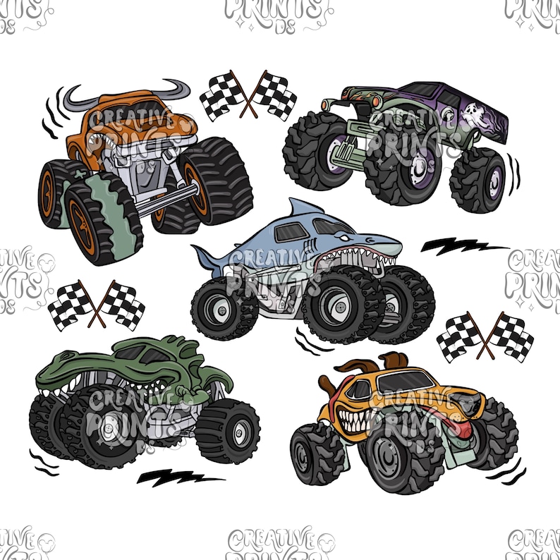 May include: A collection of cartoon monster trucks in various colors and designs. The trucks include a bull, a shark, a crocodile, a dog, and a ghost-themed truck. Each truck has large tires and is accompanied by checkered flags.