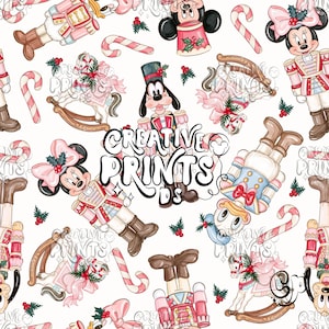 May include: A repeating pattern on a white background featuring cartoon characters dressed as nutcrackers, rocking horses, and candy canes. The text CREATIVE PRINTS DS is centered in black. The characters include mice and dogs in festive attire.