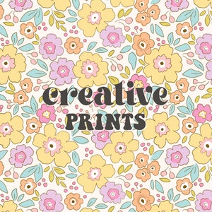 May include: A seamless pattern with a white background and a variety of pastel-colored flowers. The flowers are in shades of pink, yellow, and blue. The text "creative prints" is in the center of the image.