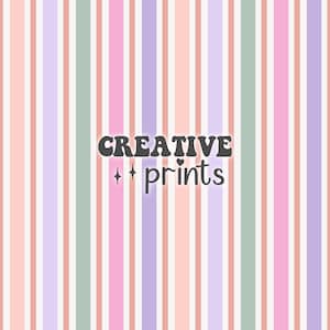 May include: A seamless pattern with vertical stripes in shades of pink, purple, peach, and green. The text "CREATIVE + prints" is centered on the pattern.