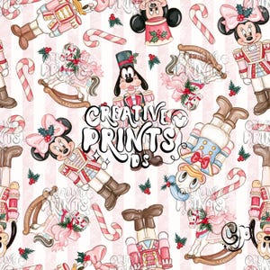 May include: A repeating pattern featuring cartoon characters dressed as nutcrackers, rocking horses, and candy canes on a light pink and white striped background. The text CREATIVE PRINTS DS is centered in black, stylized, bold lettering.