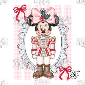 May include: A digital illustration of a cartoon mouse character dressed as a nutcracker, wearing a pink uniform with gold accents, a large pink bow with holly, and brown boots. The character is framed by an oval border against a pink gingham background.