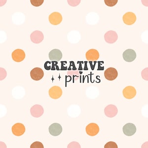 May include: A seamless pattern featuring a variety of coloured polka dots on a light pink background. The text "CREATIVE prints" is in the centre of the image.