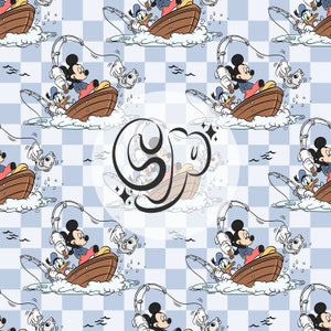 Pode incluir: Um padrão sem costura com Mickey Mouse e Donald Duck pescando em um barco sobre um fundo xadrez azul e branco. O padrão é perfeito para tecidos, papel de parede ou papel de embrulho.