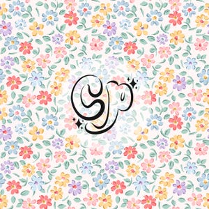 May include: A white background with a repeating pattern of small, colourful flowers. The word "So" is written in black cursive script with a sparkle above the "o".