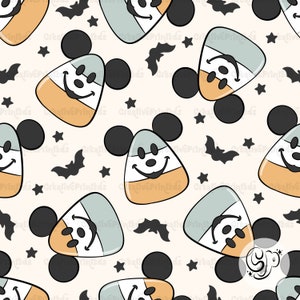 May include: A seamless pattern featuring candy corn with Mickey Mouse ears. The candy corn is orange, yellow, and white. The background is a light cream color. There are also black bats and stars scattered throughout the pattern.