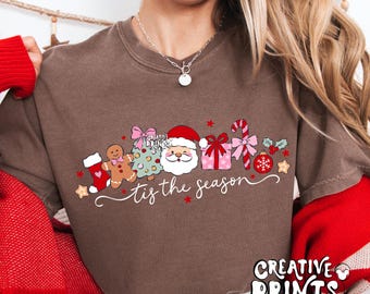 Tis The Season Santa Claus Gingerbread Sublimation Design Png - Christmas Lineup Pink Bow Tree Sweatshirt Graphic Digital Download