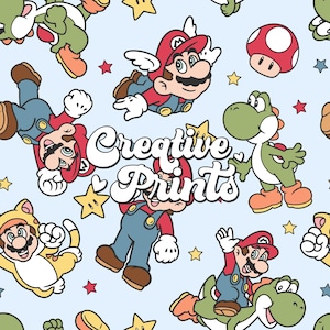 May include: A seamless pattern featuring characters from the Super Mario video game franchise. The pattern includes Mario, Luigi, Yoshi, and a cat character. The characters are depicted in various poses and are surrounded by stars and other decorative elements. The text "Creative Prints" is also included in the pattern.
