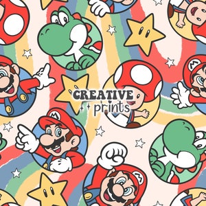 Może przedstawiać: Kolorowy, bezszwowy wzór z postaciami z serii gier wideo Super Mario Bros. Wzór zawiera Mario, Luigi, Yoshi i Toad. Postacie są przedstawione w kreskówkowym stylu i umieszczone na tle tęczowych pasków i gwiazd.