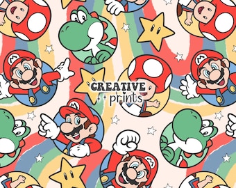 May include: A colourful seamless pattern featuring characters from the Super Mario Bros. video game franchise. The pattern includes Mario, Luigi, Yoshi, and Toad. The characters are depicted in a cartoon style and are set against a background of rainbow stripes and stars.