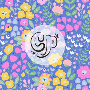 May include: A blue background with a white circle containing the word "Sup" in black cursive lettering. The circle is surrounded by a pattern of pink, yellow, and white flowers.
