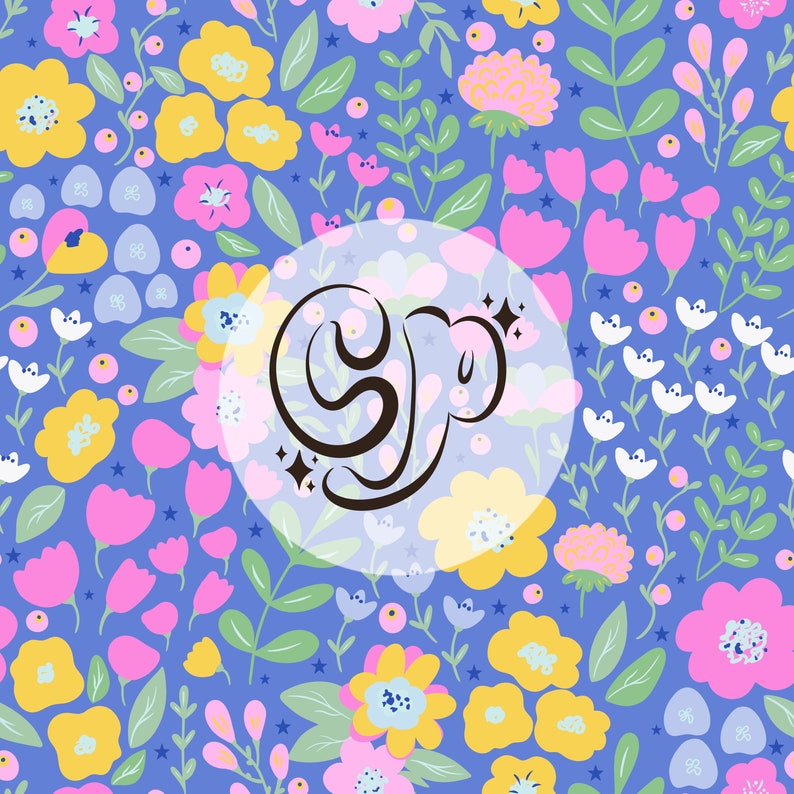 May include: A blue background with a white circle containing the word "Sup" in black cursive lettering. The circle is surrounded by a pattern of pink, yellow, and white flowers.