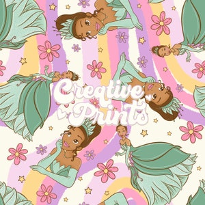 Pode incluir: Um padrão sem costura com uma princesa de desenho animado com pele marrom e um vestido verde. A princesa é cercada por flores e estrelas em um fundo branco. O texto "Creative Prints" está no centro do padrão.
