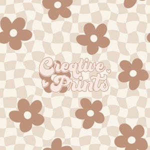 Boho Neutral Wavy Checkerboard daisy seamless pattern, Retro floral seamless file para sublimaciones de tela