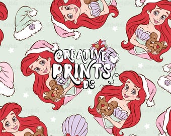 Princesa Sirena Navidad PNG sin costuras, Patrón de pretzel de ratón de cuento de hadas oceánico para sublimación, Tela navideña de conchas marinas descarga digital PNG