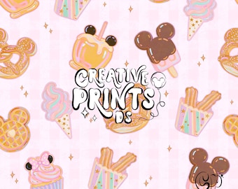 Pastel Theme Park Treats Seamless Pattern Png - Sweet Snacks Waffle Pretzel Ice Cream Fabric Surface Design Digital Download