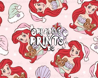 Princesa Sirena Navidad PNG sin costuras, Patrón de pretzel de ratón de cuento de hadas oceánico para sublimación, Tela navideña de conchas marinas descarga digital PNG