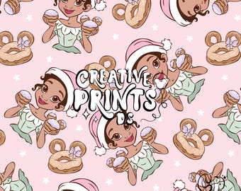 Magical Princess Christmas Seamless PNG, Fairytale Mouse Beignet Pattern Sublimation, Holiday Theme Park Treat DTF Digital Download