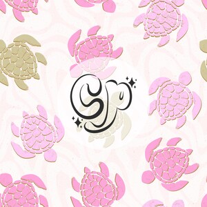 May include: A seamless pattern featuring pink and gold sea turtles on a white background. The pattern includes the word "Sea" in a stylized font.