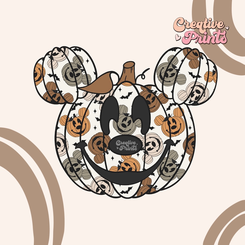 May include: A whimsical Halloween-themed design featuring a pumpkin with Mickey Mouse ears. The pumpkin is decorated with smiling jack-o'-lantern faces in shades of orange and gray, with black bats and stars. The text "Creative Prints" is visible.