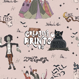 May include: A repeating pattern featuring cartoon illustrations of witches, a black cat on a tombstone, bats, and the text "Hocus Pocus" and "I put a spell on you". The design includes the text "Creative Prints DS" on a light pink background.