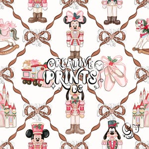 May include: A seamless pattern featuring cartoon characters dressed as nutcrackers, rocking horses, a toy train, ballet slippers, and castles on a white background. Brown ribbons form a diamond grid across the design with the text CREATIVE PRINTS DS.