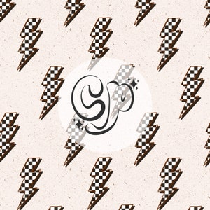 May include: A black and white checkered lightning bolt pattern repeats on a beige background. A white circle with a transparent background contains a black stylized swirl with a small star design.