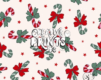 Candy Cane Bows Christmas Seamless Pattern Png - Red And Sage Green Holiday Surface Design Digital Download