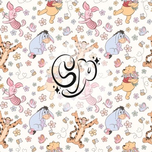 May include: A seamless pattern featuring Winnie the Pooh, Piglet, Tigger, and Eeyore characters from the Disney cartoon. The characters are depicted in a whimsical style with flowers, butterflies, and bees. The background is white.