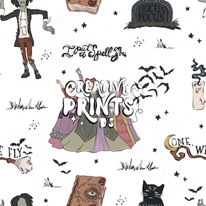 May include: A repeating pattern on a white background featuring Halloween illustrations. The design includes a zombie, a tombstone with "Hocus Pocus" text, bats, a black cat, and the text "I put a Spell on you".