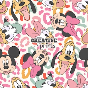 May include: A white background with a repeating pattern of cartoon characters including Mickey Mouse, Minnie Mouse, Donald Duck, Daisy Duck, and Goofy. The characters are in various poses and expressions. The background is a pink and orange leopard print.
