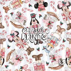 May include: A repeating pattern featuring cartoon characters dressed as nutcrackers, rocking horses, and candy canes on a light blue and white striped background. The text CREATIVE PRINTS DS is centered in black, bold, stylized lettering.